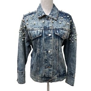 Veveret Pearl Rhinestone Jean Jacket Womens Small Blue Denim Western Cabin